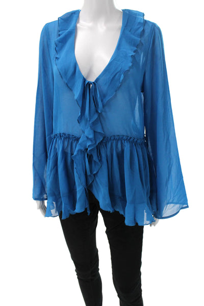 INC International Concepts Women Tunic Blouse V-Neck Long Sleeve Blue Size M