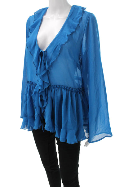 INC International Concepts Women Tunic Blouse V-Neck Long Sleeve Blue Size M