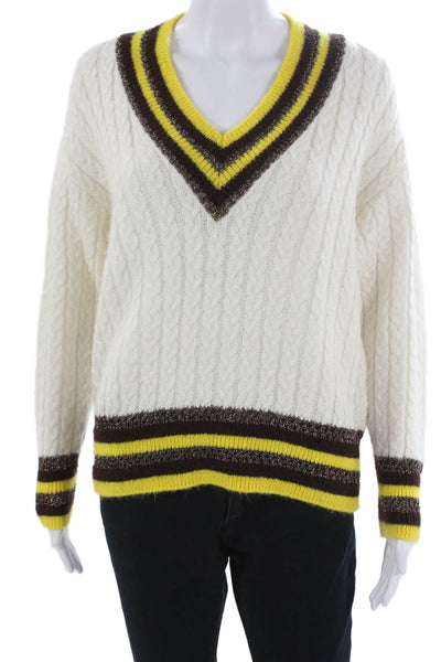 MNG Women Pullover Sweater V-Neck Striped White Acrylic Long Sleeve Size 2XS