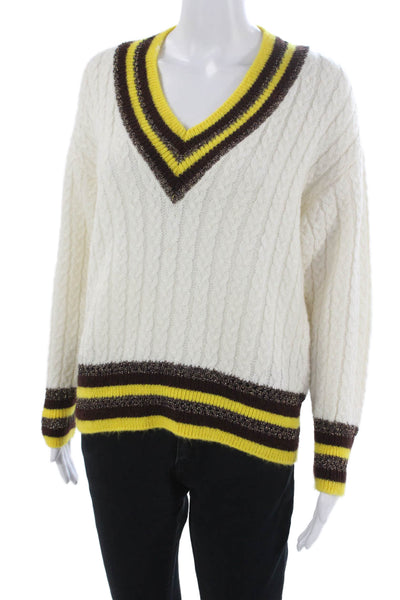 MNG Women Pullover Sweater V-Neck Striped White Acrylic Long Sleeve Size 2XS