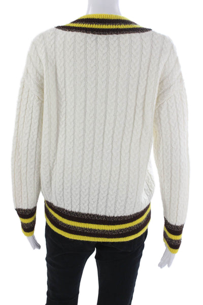 MNG Women Pullover Sweater V-Neck Striped White Acrylic Long Sleeve Size 2XS