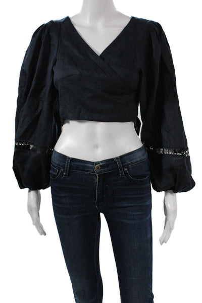 BOTEH Womens Cropped Linen V-Neck Tie Long Sleeve Blouse Size 4