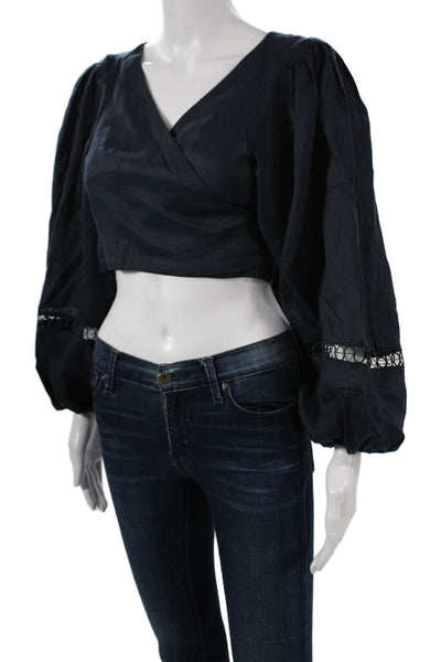 BOTEH Womens Cropped Linen V-Neck Tie Long Sleeve Blouse Size 4