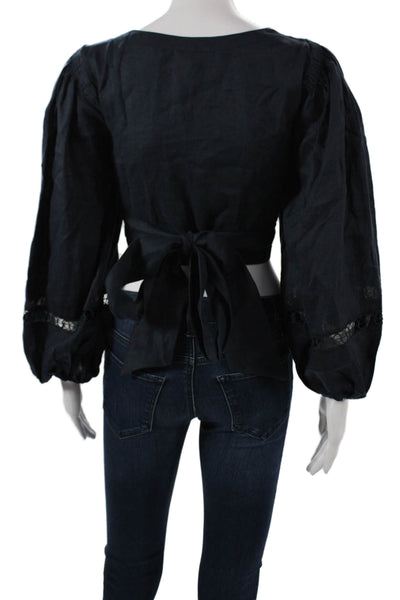 BOTEH Womens Cropped Linen V-Neck Tie Long Sleeve Blouse Size 4