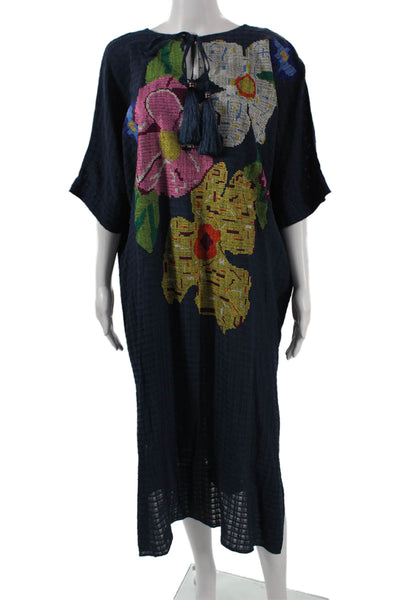 Megan Park Womens Kaftan Dress Blue Floral Viscose Knee Length Size L