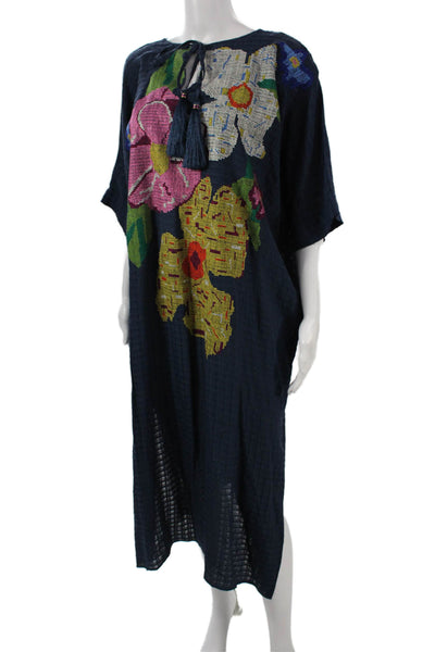 Megan Park Womens Kaftan Dress Blue Floral Viscose Knee Length Size L