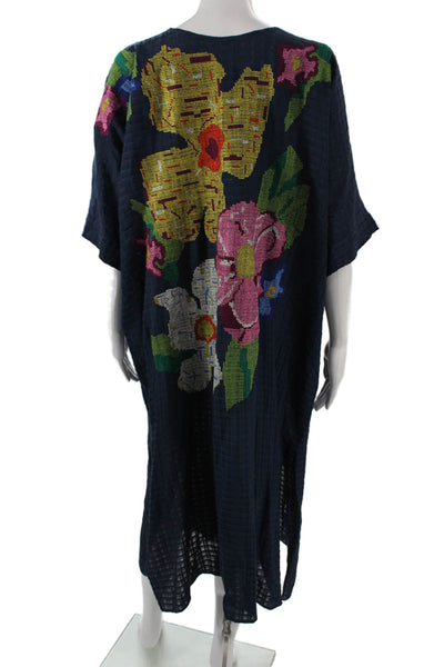 Megan Park Womens Kaftan Dress Blue Floral Viscose Knee Length Size L