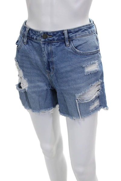Hidden Womens Cut-Off Cotton Blue Shorts Button Size M