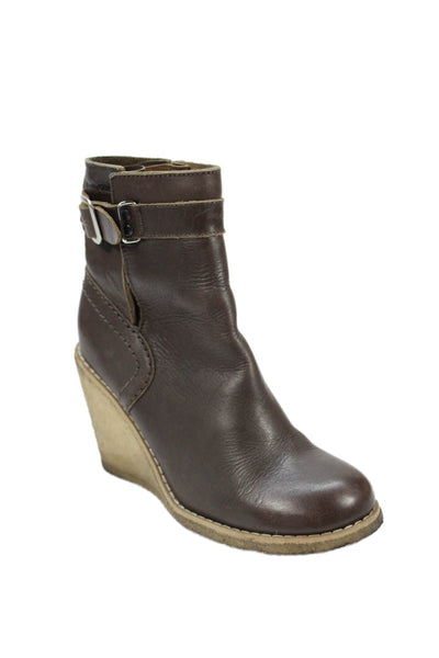 See by Chloe Womens Leather Buckle Wedge Heels Ankle Boots Shoes Brown Sz 6
