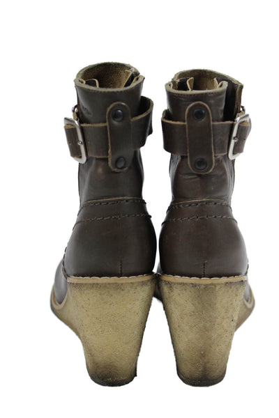 See by Chloe Womens Leather Buckle Wedge Heels Ankle Boots Shoes Brown Sz 6
