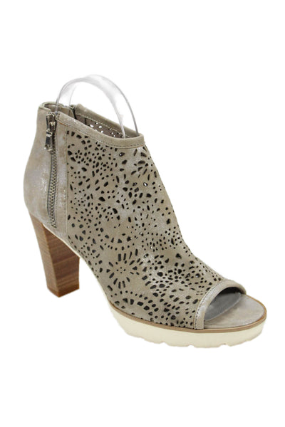 Rinaldi Womens Floral Cutout Peep Toe Zip Heeled Booties Beige Size 7
