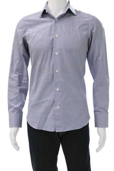 Canali Mens Button Down Check Cotton Blend Long Sleeve Shirt Blue Size M