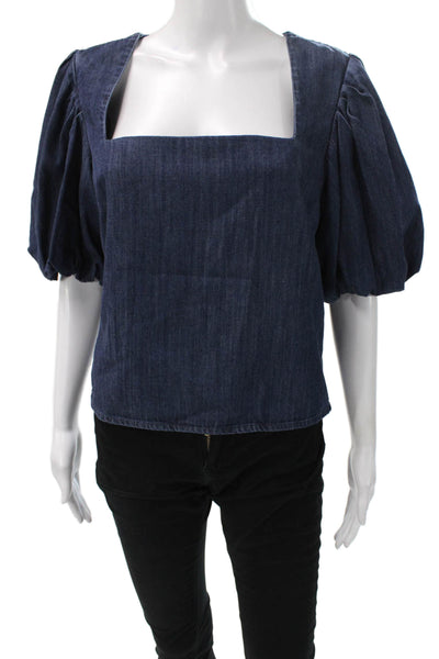 Frame Womens Square Neck Short Sleeve Blue Blouse Size L
