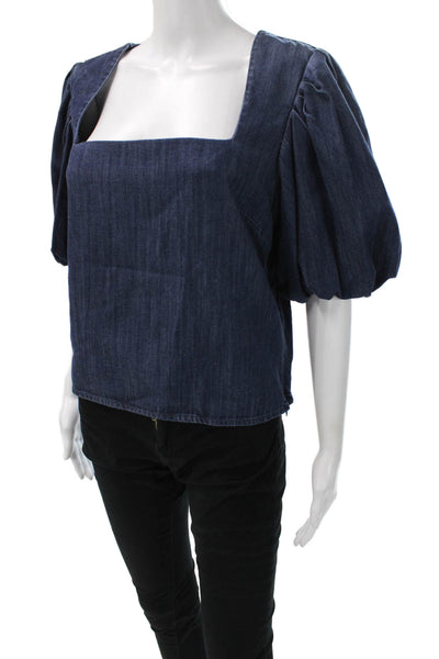 Frame Womens Square Neck Short Sleeve Blue Blouse Size L