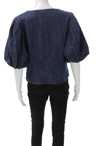 Frame Womens Square Neck Short Sleeve Blue Blouse Size L