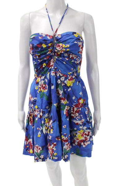 Anthropologie Womens Mini Floral Halter Dress Blue Cotton Sleeveless Size XS