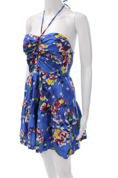 Anthropologie Womens Mini Floral Halter Dress Blue Cotton Sleeveless Size XS
