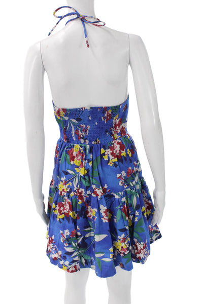 Anthropologie Womens Mini Floral Halter Dress Blue Cotton Sleeveless Size XS
