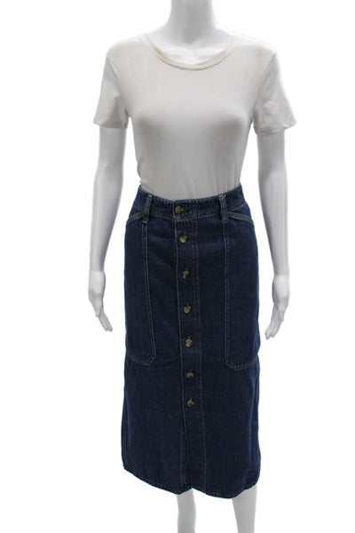 Massimo Dutti Women Straight Pencil Cotton Button Solid Blue Skirt Size 8