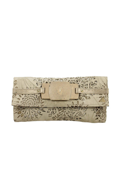 R&Y Augousti Womens Laser Cut Detail Leather Long Wallet Beige