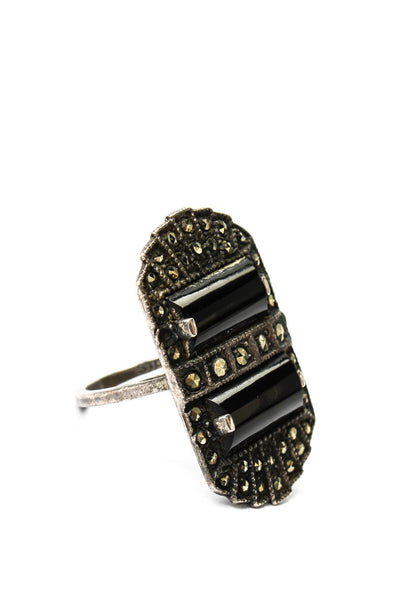 Designer Womens Vintage 925 Silver Onyx + Marcasite Ring Sz 5 5.8g