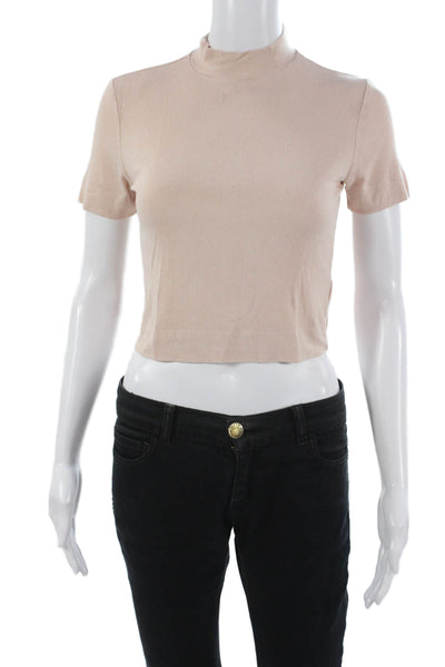 Babaton Womens Cropped T Shirt Mock Neck Beige Rayon Short Sleeve Size S