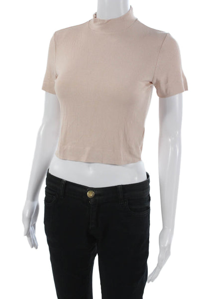 Babaton Womens Cropped T Shirt Mock Neck Beige Rayon Short Sleeve Size S
