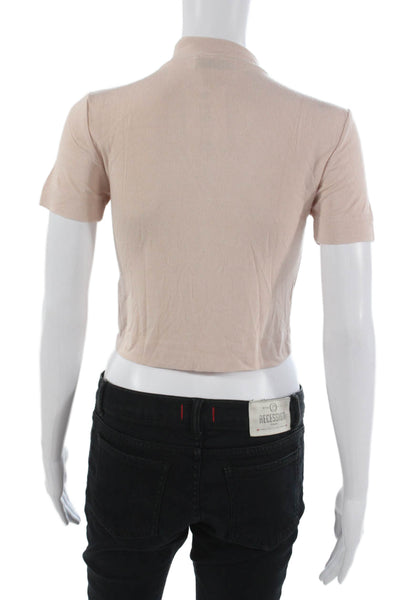 Babaton Womens Cropped T Shirt Mock Neck Beige Rayon Short Sleeve Size S