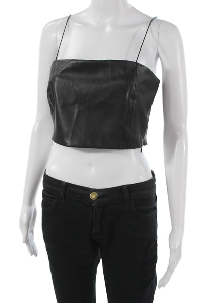 Zara Women Cropped Tank Black Square Neck PU Zip Sleeveless Size M