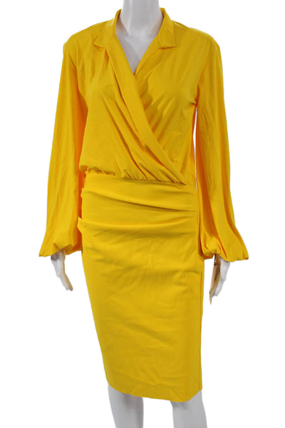Greta Constantine Womens Wrap Dress Yellow Long Sleeve Knee Size S