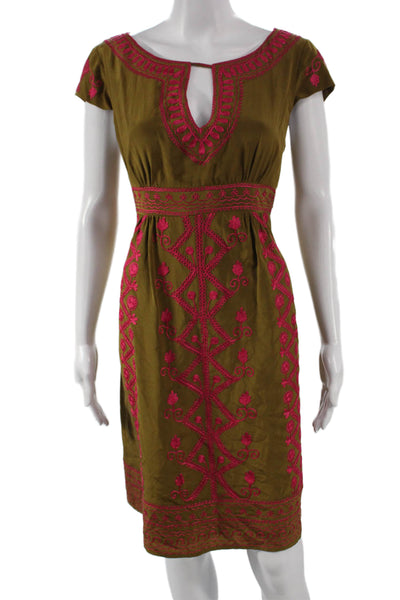 Nanette Lepore Women Sheath Green Silk V-Neck Short Sleeve Knee Length Size 10