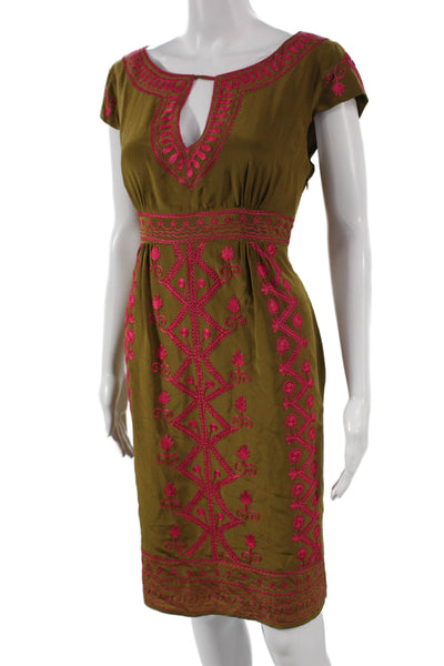 Nanette Lepore Women Sheath Green Silk V-Neck Short Sleeve Knee Length Size 10