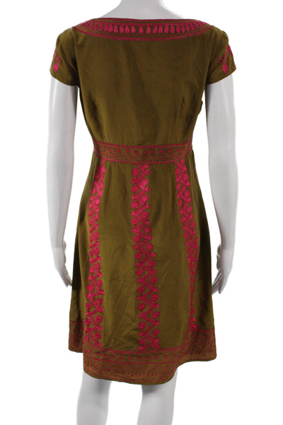 Nanette Lepore Women Sheath Green Silk V-Neck Short Sleeve Knee Length Size 10