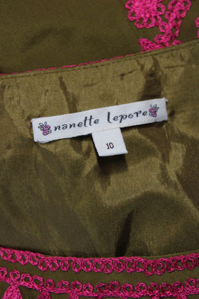 Nanette Lepore Women Sheath Green Silk V-Neck Short Sleeve Knee Length Size 10