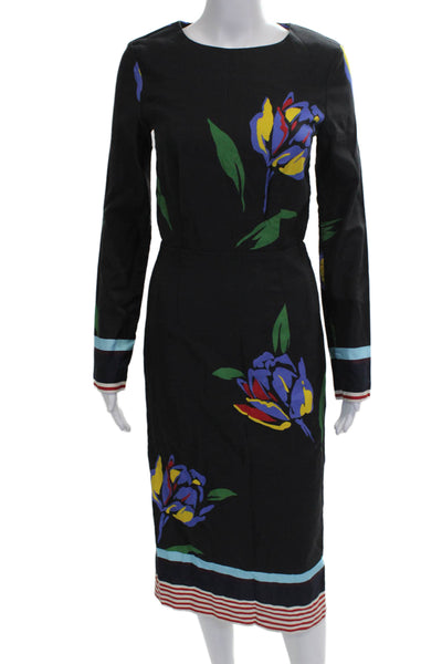 Suno Women Sheath Dress Black Floral Long Sleeve Round Neck Mid-Calf Size 0