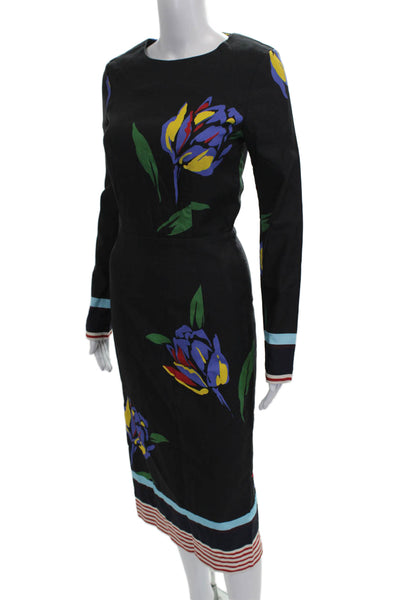 Suno Women Sheath Dress Black Floral Long Sleeve Round Neck Mid-Calf Size 0