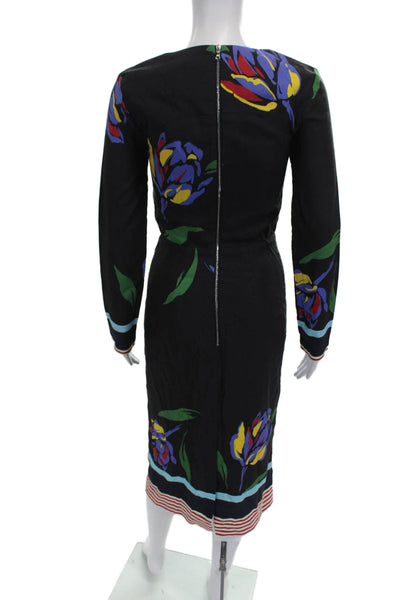 Suno Women Sheath Dress Black Floral Long Sleeve Round Neck Mid-Calf Size 0