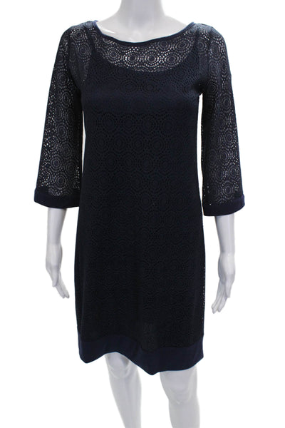 Nina Leonard Women Shift Dress Blue 3/4 Sleeve Boat Neck Geometric Size S