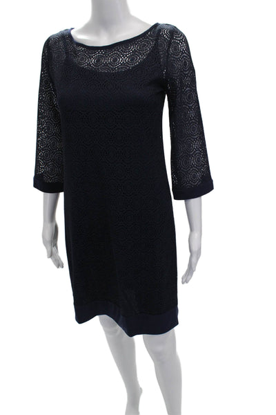 Nina Leonard Women Shift Dress Blue 3/4 Sleeve Boat Neck Geometric Size S