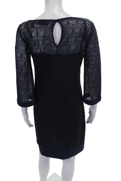 Nina Leonard Women Shift Dress Blue 3/4 Sleeve Boat Neck Geometric Size S