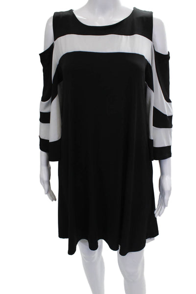 Nina Leonard Women Black Shift Dress 3/4 Sleeve Round Neck Polyester Size M