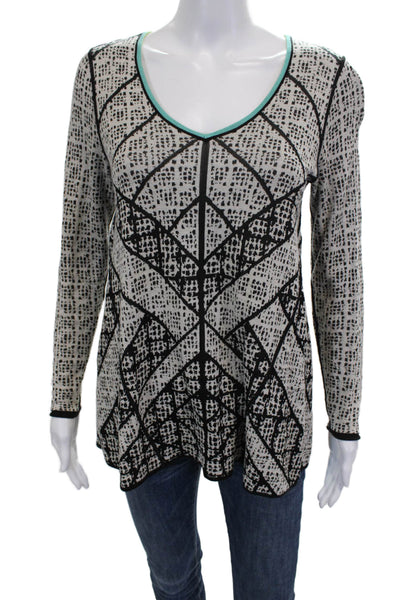 Nic & Zoe Womens Tunic Black V-Neck Long Sleeve Geometric Rayon Size PP