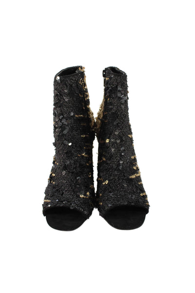 Enzo Angiolini Womens Sequined Open Toe Ankle Boots Black Gold Size 8 Medium