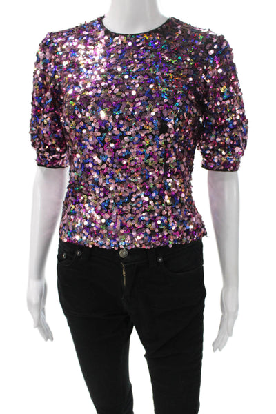 Majorelle Womens Multicolor Short Sleeve Round Neck Zipper Blouse Size 2XS