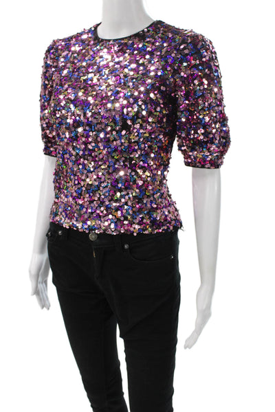 Majorelle Womens Multicolor Short Sleeve Round Neck Zipper Blouse Size 2XS