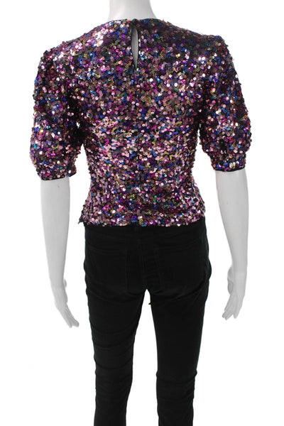 Majorelle Womens Multicolor Short Sleeve Round Neck Zipper Blouse Size 2XS