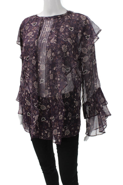 Kobi Halperin Women Silk Floral Long Sleeve Button Round Neck Blouse Size M
