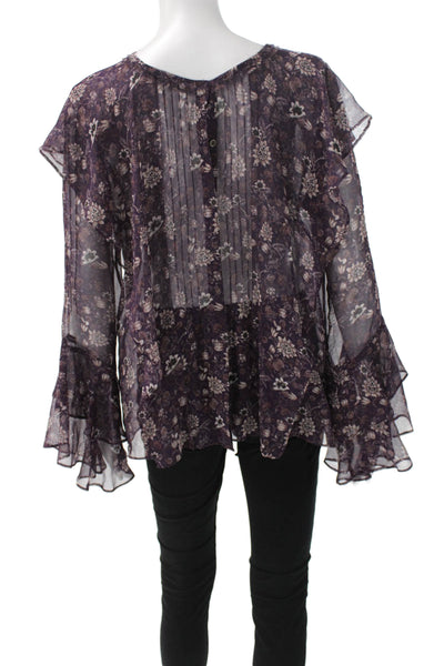 Kobi Halperin Women Silk Floral Long Sleeve Button Round Neck Blouse Size M
