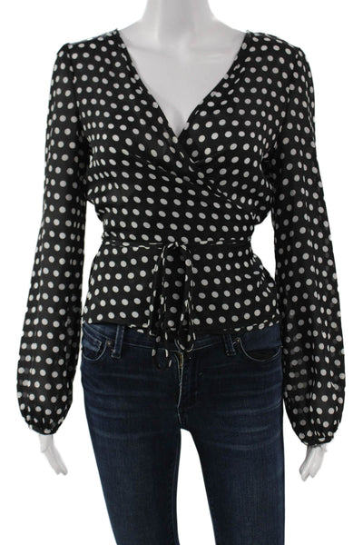About Us Women Basic Black V-Neck Polka Dot Long Sleeve Blouse Size M