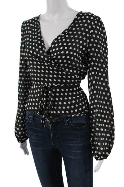 About Us Women Basic Black V-Neck Polka Dot Long Sleeve Blouse Size M